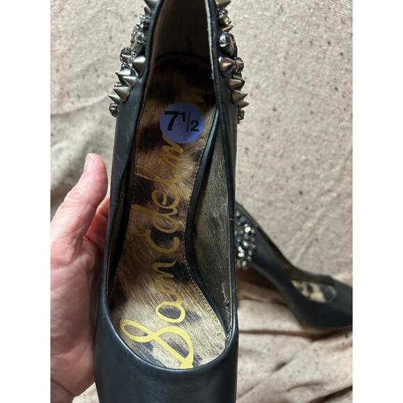 Sam Edelman Lorissa Black Leather Spiked Studded Open Toe Heels Women’s 7.5 - Picture 14 of 14